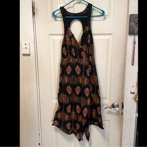 Free People All Wrapped Up Midi Dress Size M Ikat Print Brown Pink Black Crochet